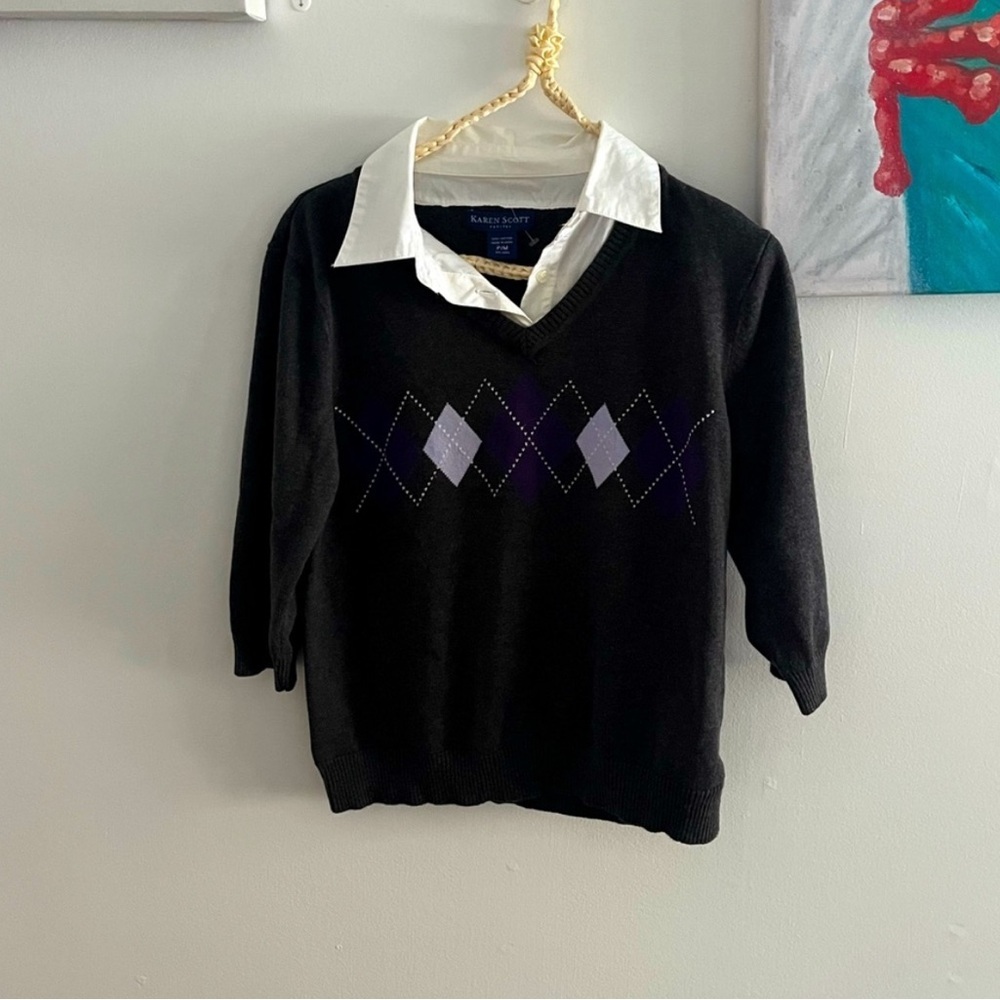 Karen Scott Black knit Sweater with White Collar- Medium